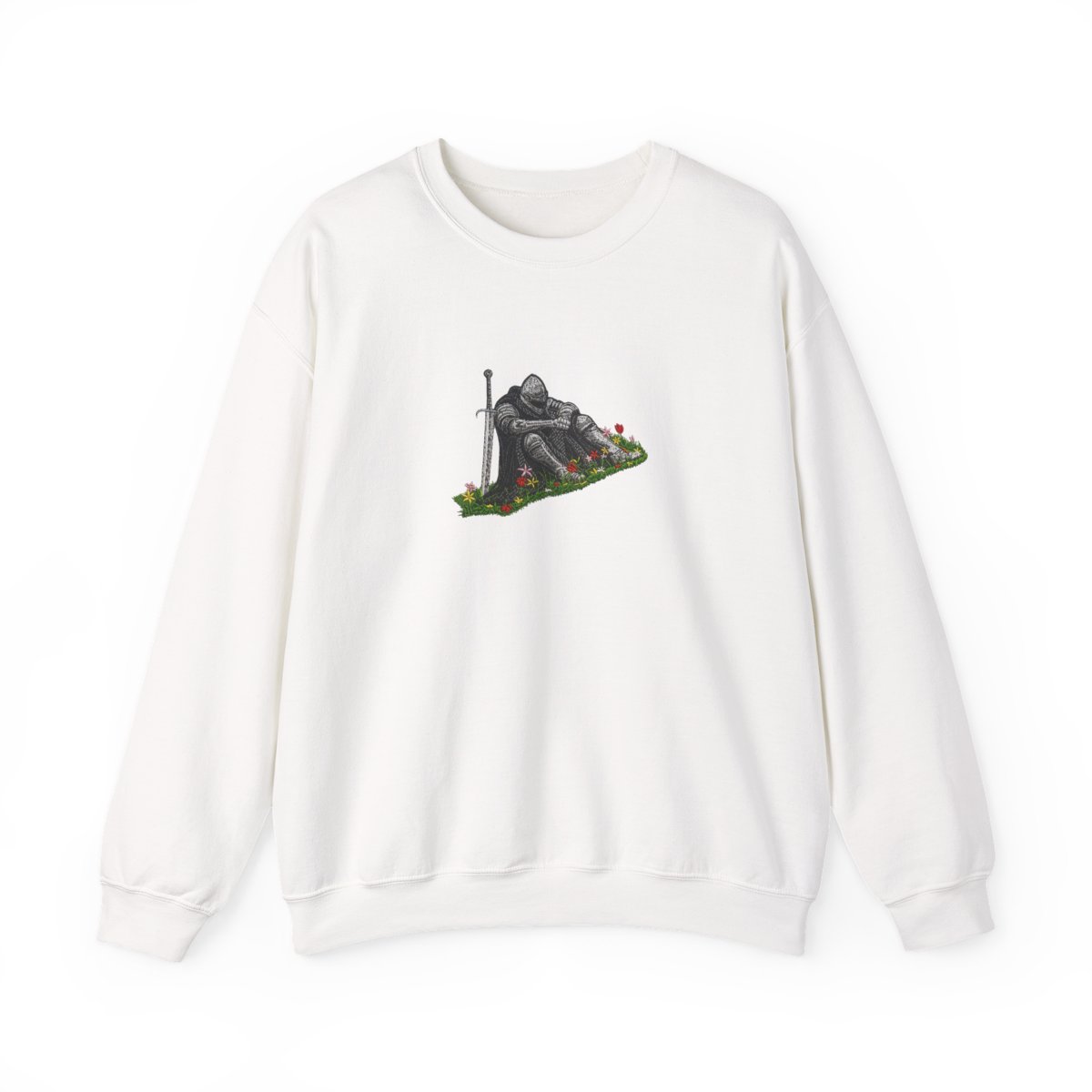 Dark with an image of a knight resting on a patch of grass with flowers and a Crewneck - Official sweatshirts merchandise
