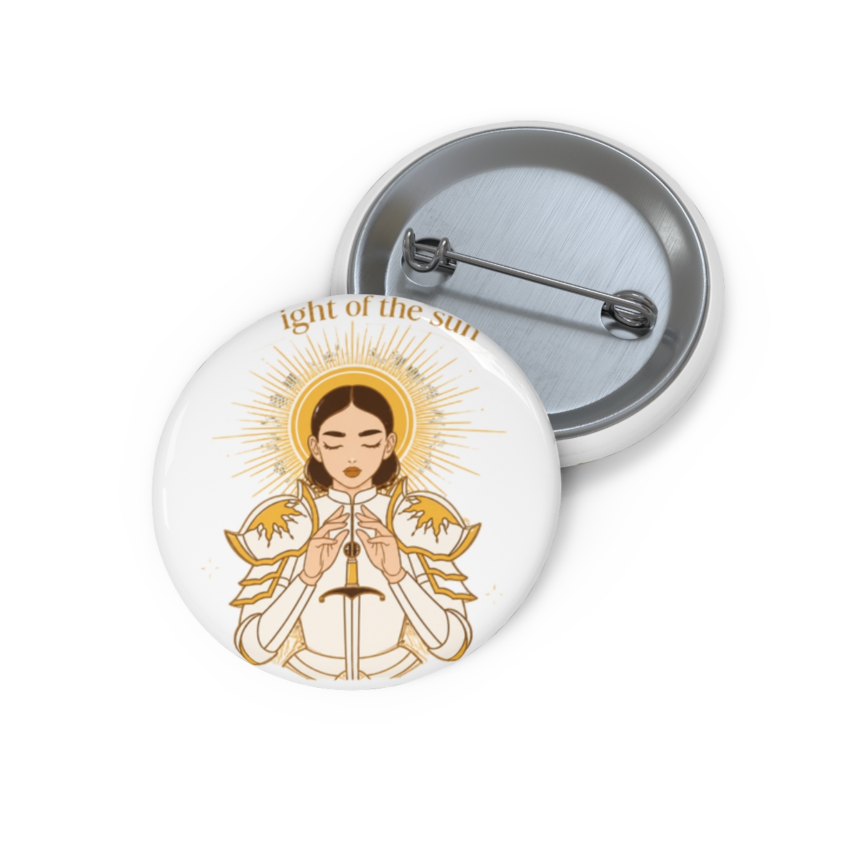 Gold enamel pin depicting a knight in white armour holding a sword, surrounded by a sunburst and stars. The has closed eyes and is holding the sword with both hands. The text " of the sun... - Official Creator merchandise